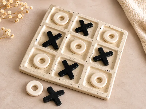 Jeu X et O en céramique artisanale fait main – Beige moucheté
