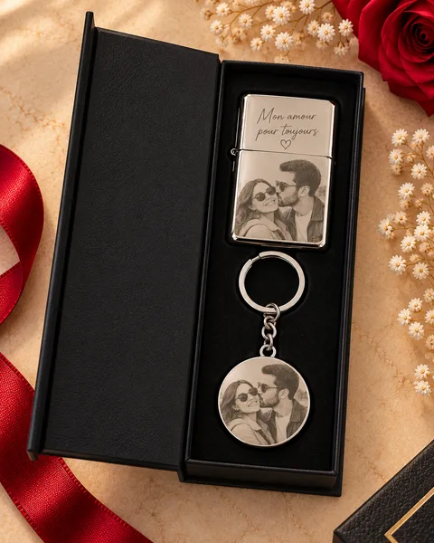 Coffret Cadeau Personnalisé Briquet et Porte-Clés avec Photo