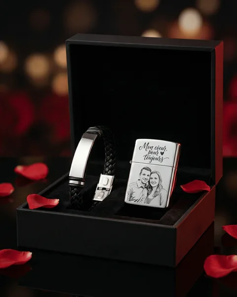 Coffret Cadeau Personnalisé : Bracelet Cuir et Briquet Gravé