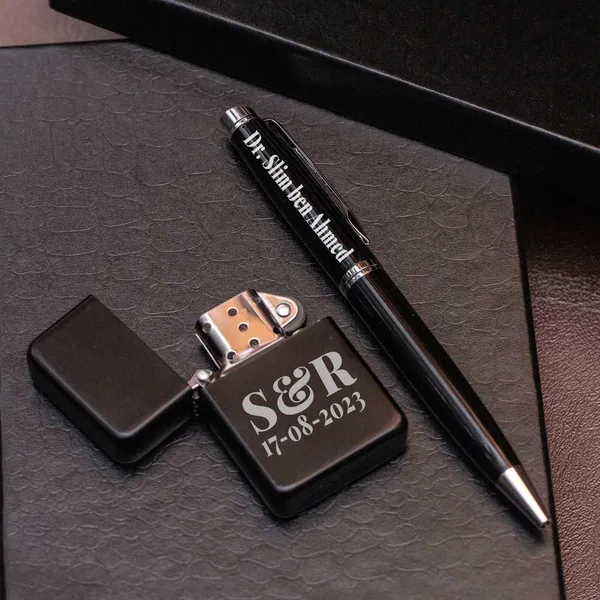 Coffret luxe stylo & briquet personnalisé noir