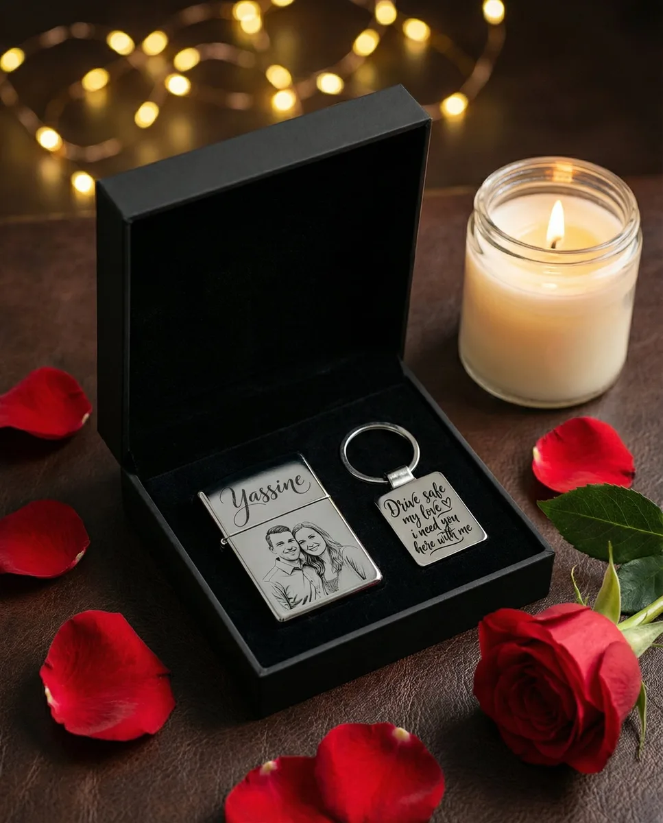 Coffret Cadeau Personnalisé : Briquet Photo et Porte-clé