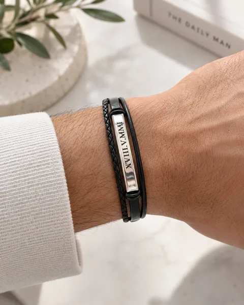 • Bracelet Homme Cuir Noir Multi-rangs Personnalisé – Gravure sur Mesure