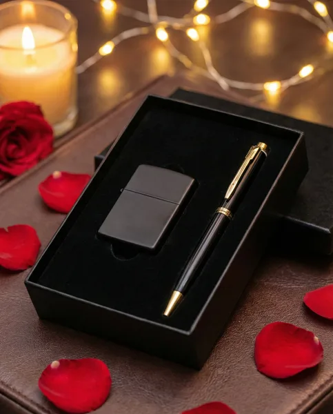 Coffret Cadeau Luxe : Briquet Noir Mat et Stylo Élégant