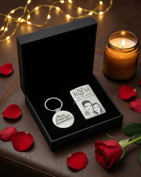 Coffret Cadeau Personnalisé Briquet & Porte-clé Gravés